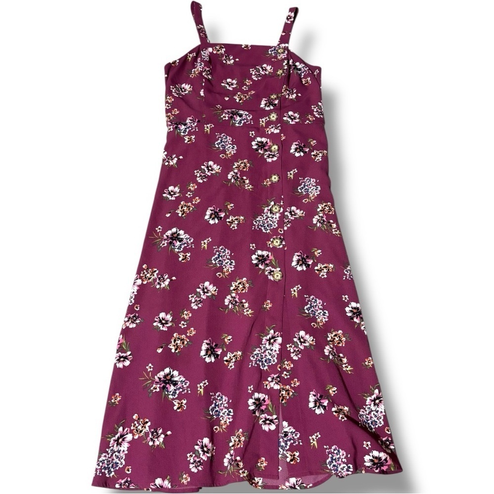 Xhilaration Chic Floral Burgundy Front Buttons Rouched Back Midi Dress - Picture 12 of 16